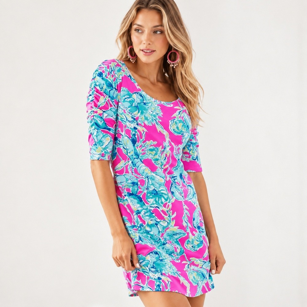 Lilly Pulitzer Dress Womens Large Lobster Print Pima Cotton Ruched Sleeve Resort